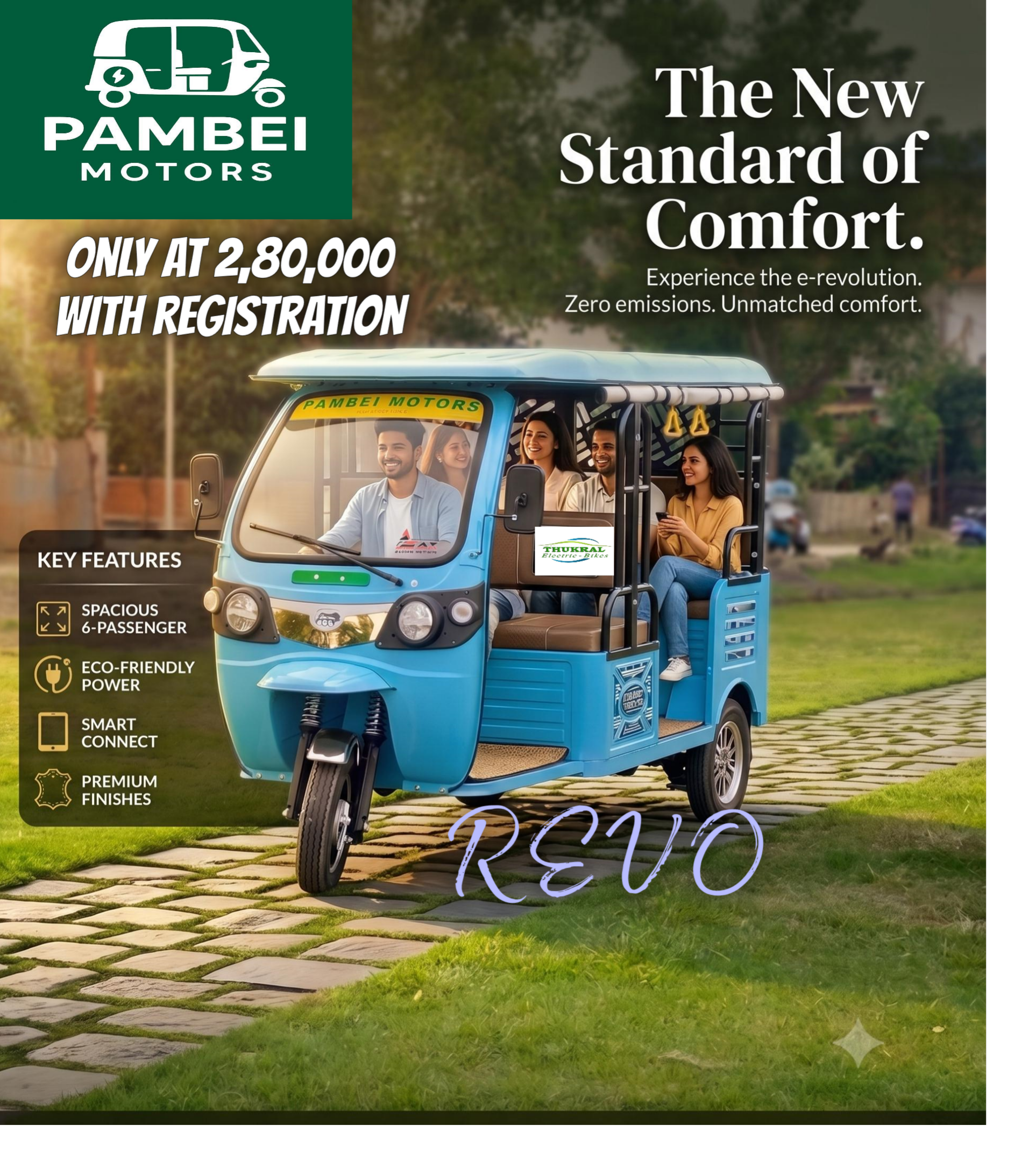 The Thukral Revo is a heavy-duty, auto-style electric three-wheeler designed for commercial passenger transport with a 6+1 seating capacity.